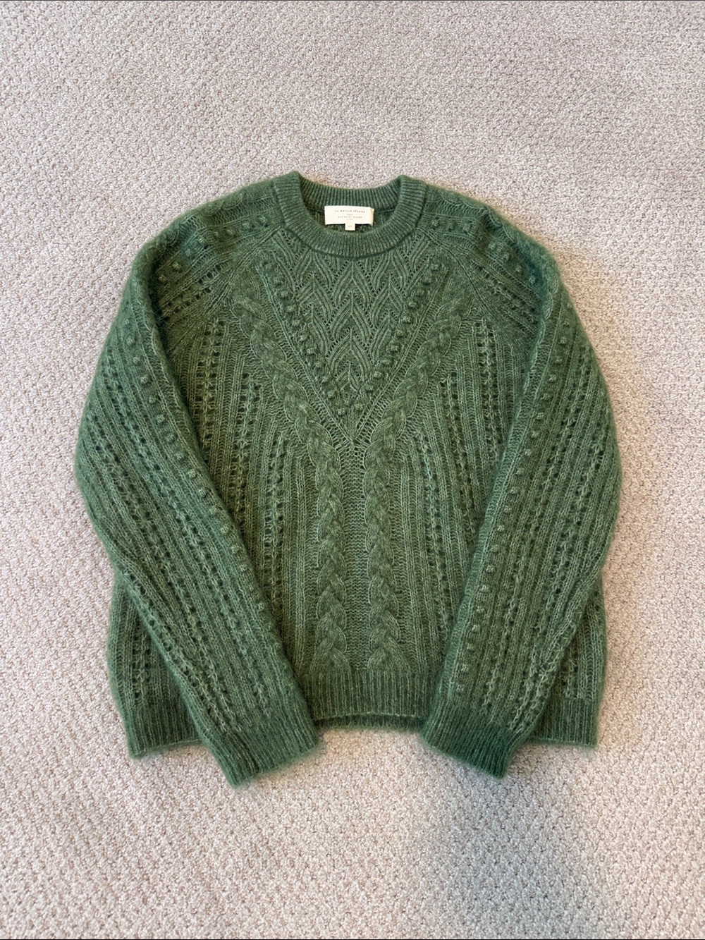Sezane Green Cable-Knit Crewneck Sweater